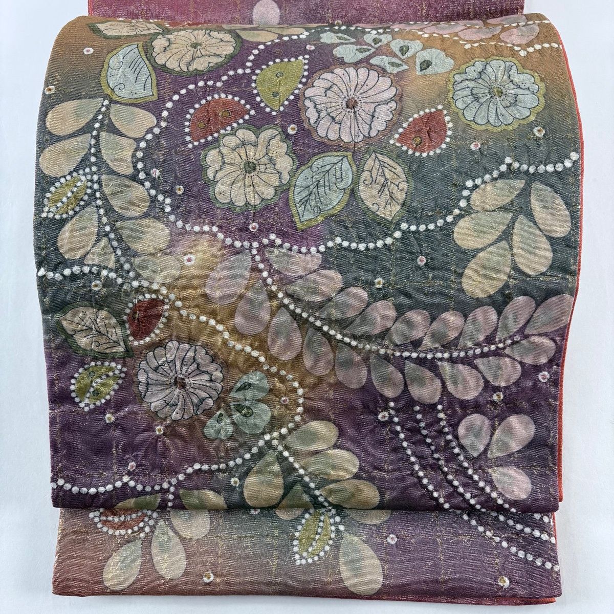 美品】 袋帯 名品 落款 辻が花 金糸 箔 赤紫 お太鼓柄 正絹 【中古