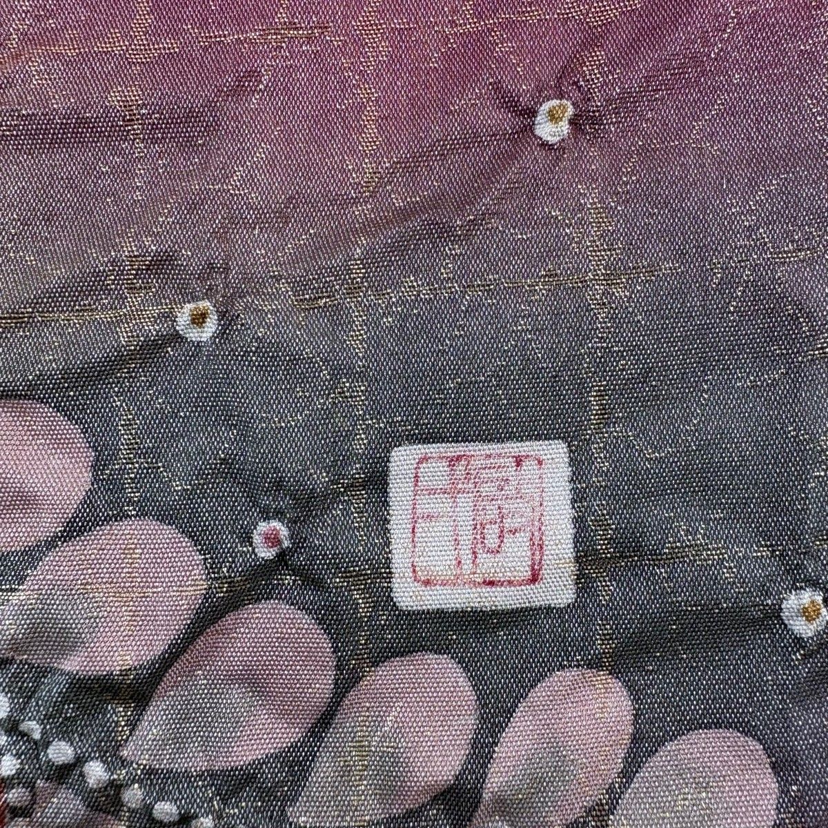 美品】 袋帯 名品 落款 辻が花 金糸 箔 赤紫 お太鼓柄 正絹 【中古