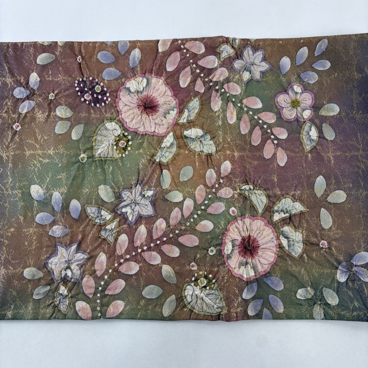 美品】 袋帯 名品 落款 辻が花 金糸 箔 赤紫 お太鼓柄 正絹 【中古