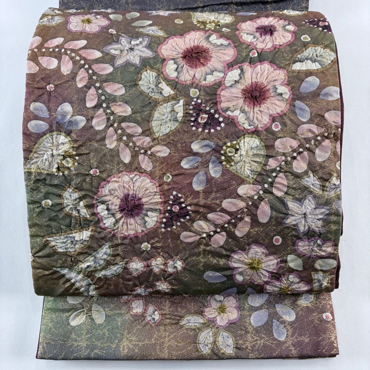 美品】 袋帯 名品 落款 辻が花 金糸 箔 赤紫 お太鼓柄 正絹 【中古