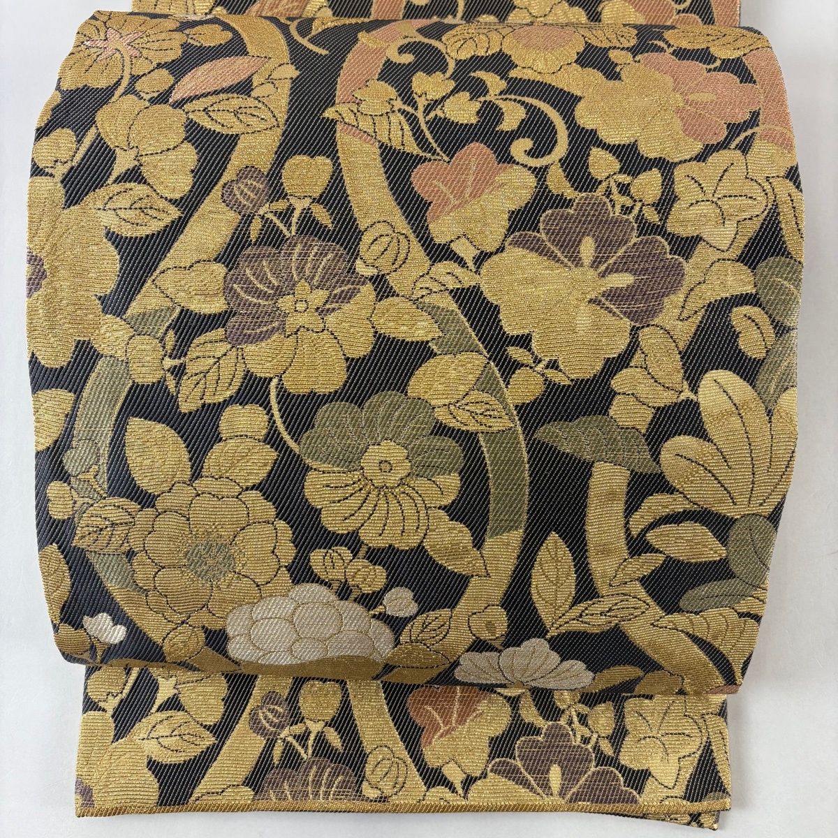 美品】 袋帯 名品 辻が花柄 立涌 金糸 箔 金色 六通 正絹 【中古