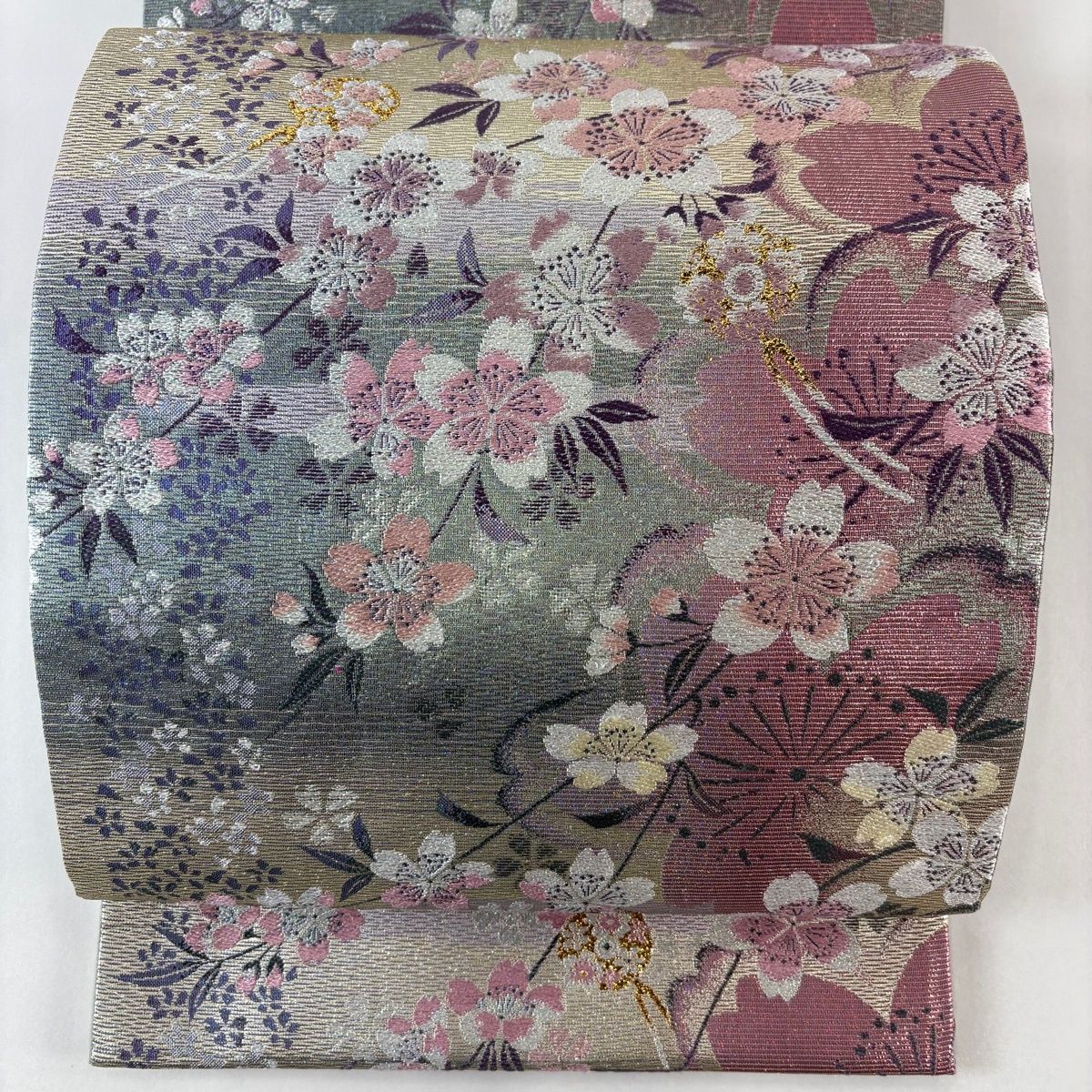 袋帯 名品 やまと 桜 段縞 箔 ラメ糸 銀色 六通 正絹 中古 美品