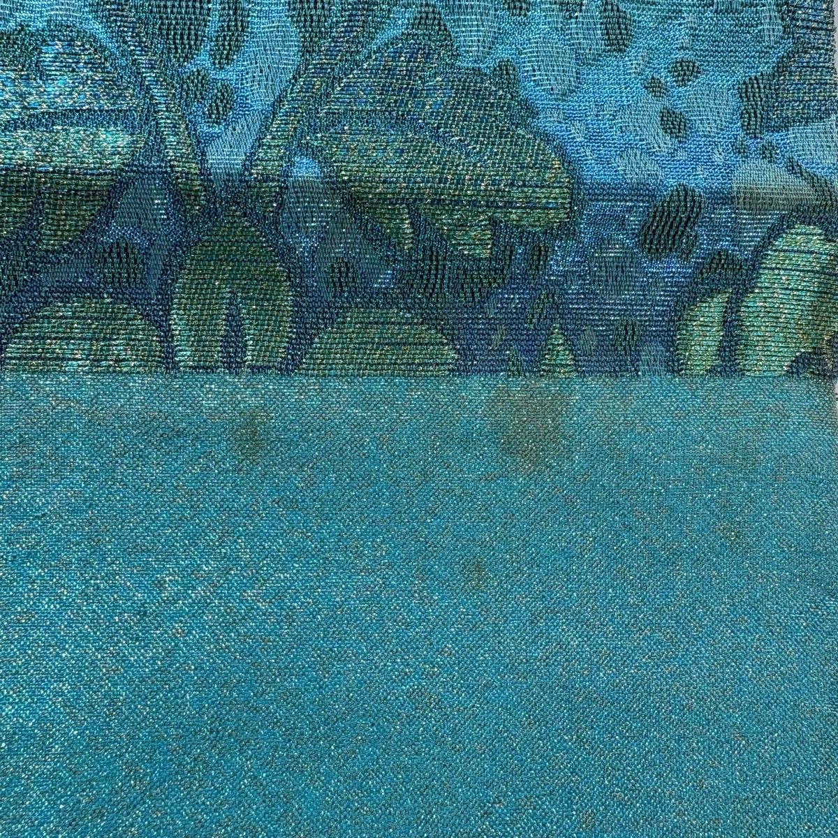 袋帯 名品 佐波理 落款 鳥 草花 ラメ糸 箔 青緑 お太鼓柄 正絹 【中古