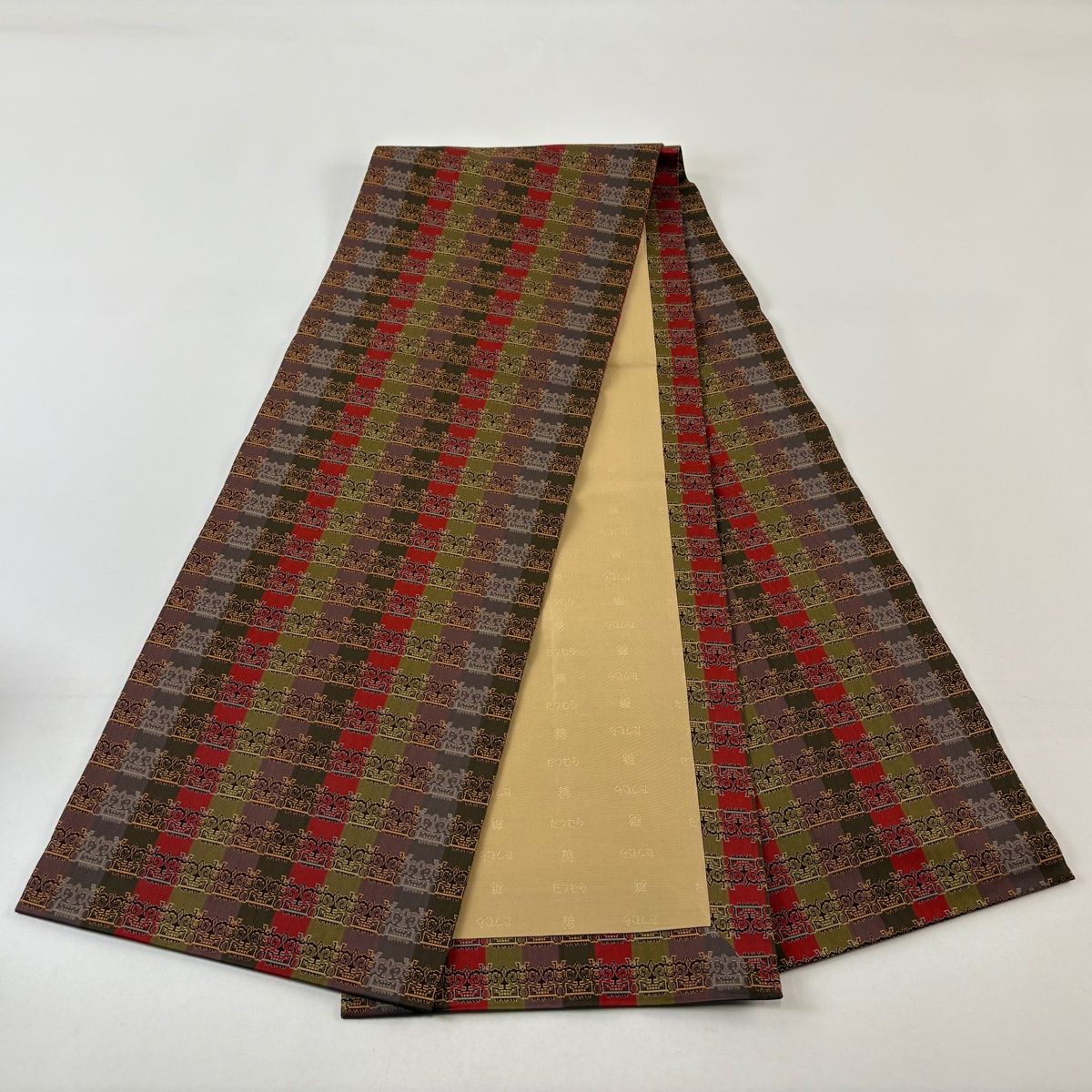 開き名古屋帯 逸品 龍村美術織物 獅噛文長斑錦 縞 灰紫 正絹 【中古