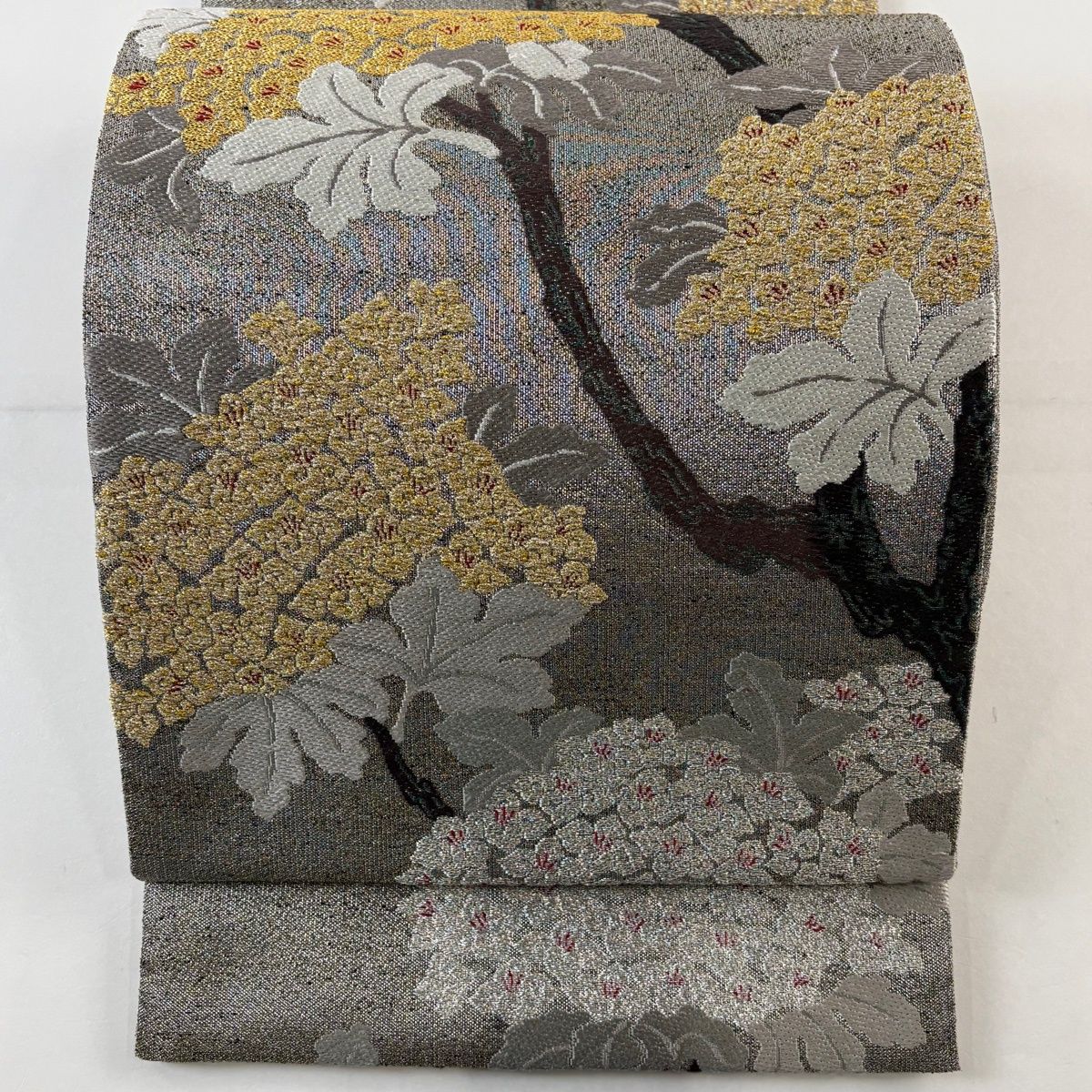 美品】 袋帯 逸品 誉田屋源兵衛 落款 鈴乃屋 草花 金銀糸 箔 銀色 六通