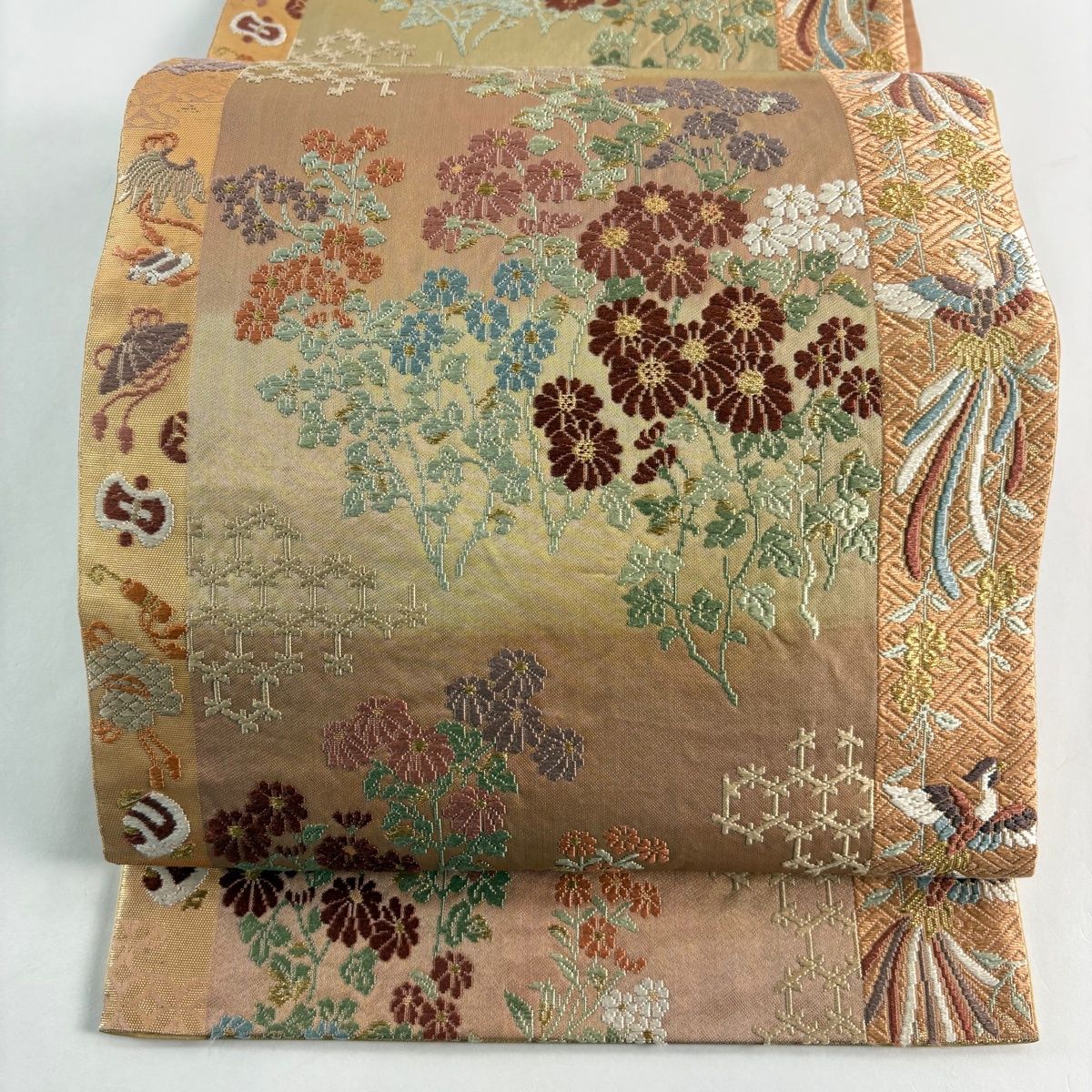 袋帯 秀品 菊 鳳凰 箔 唐織 ベージュ 六通 正絹 【中古】 - メルカリ