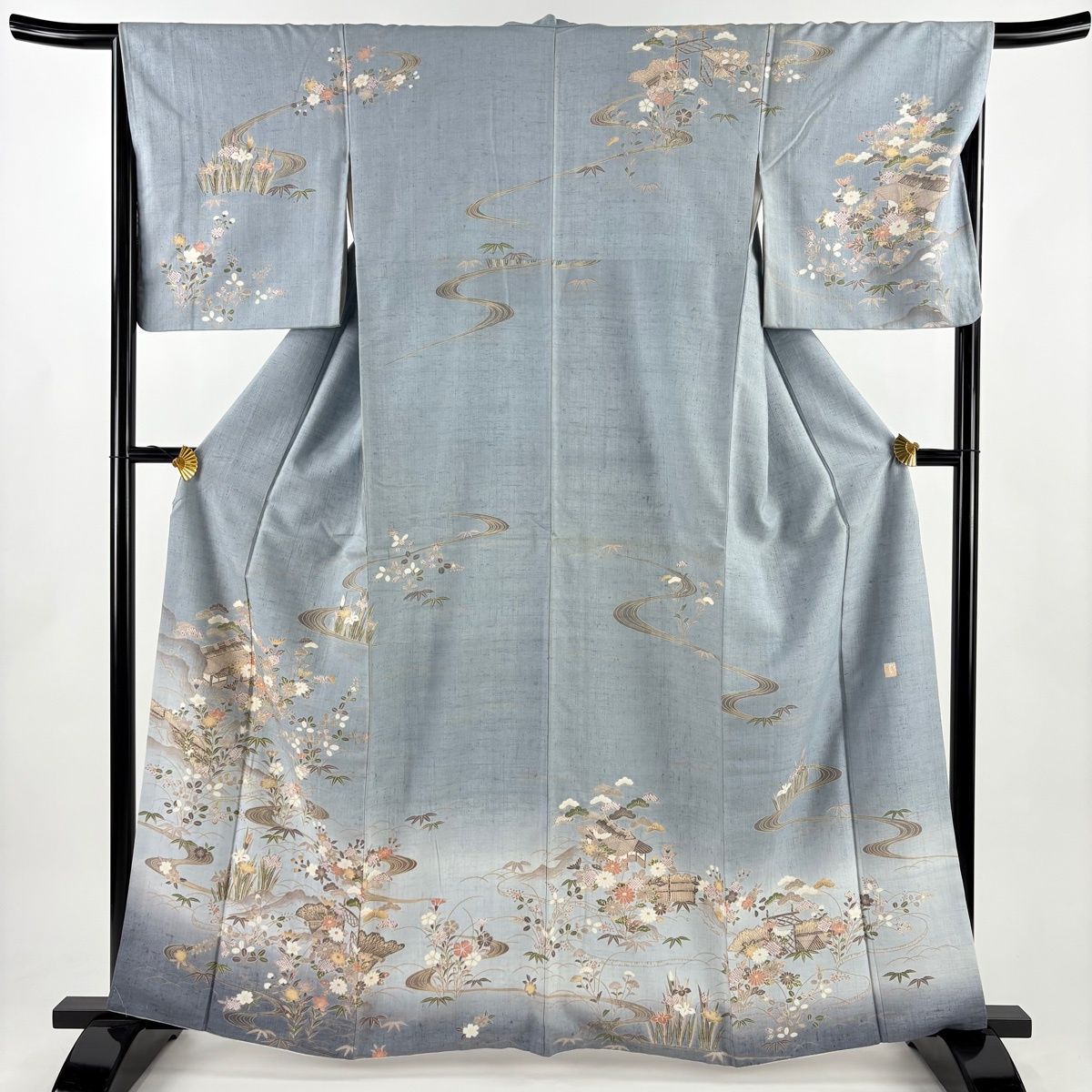 訪問着 身丈163cm 裄丈66.5cm M 袷 紬地 落款 家屋 草花 ぼかし 青灰色