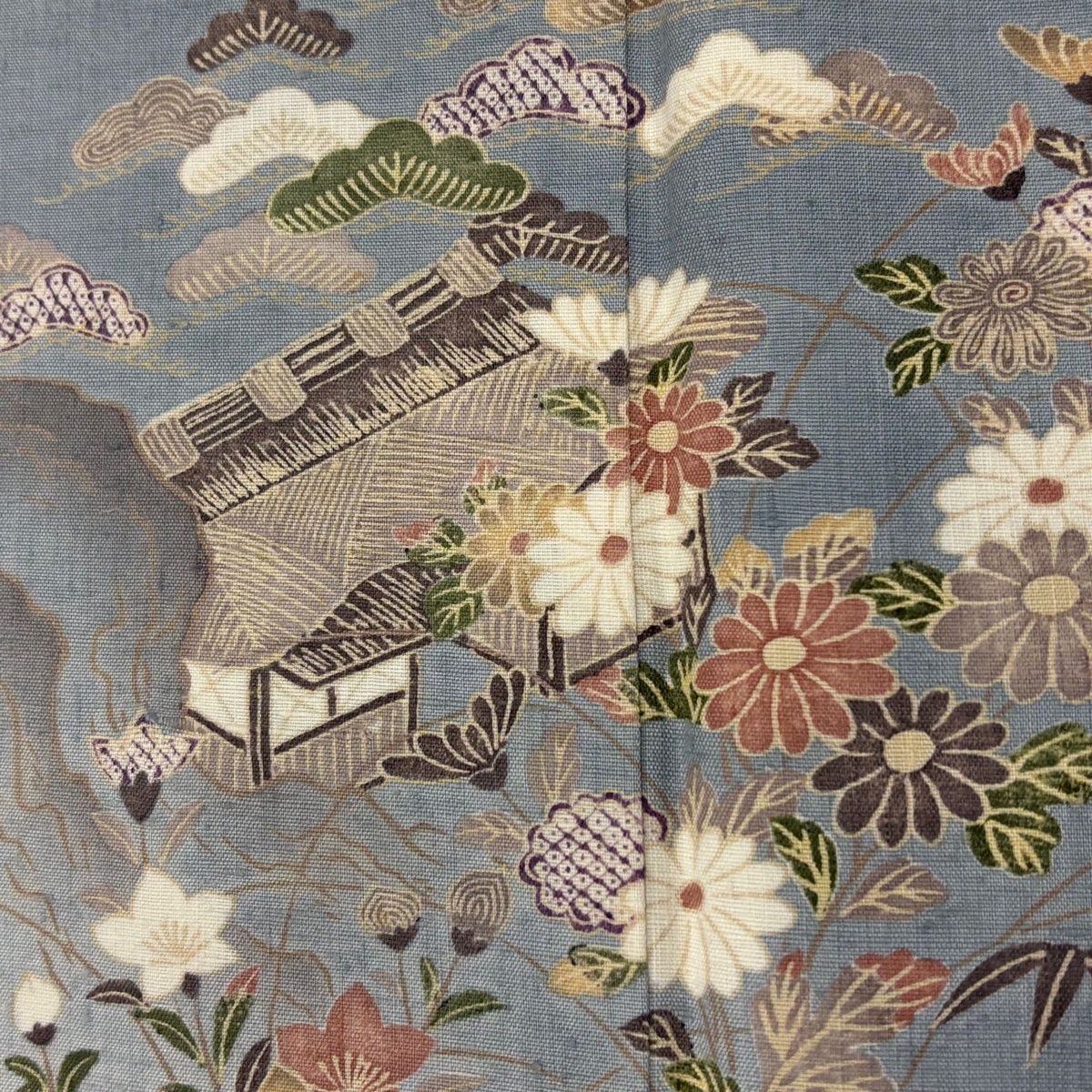 訪問着 身丈163cm 裄丈66.5cm M 袷 紬地 落款 家屋 草花 ぼかし 青灰色