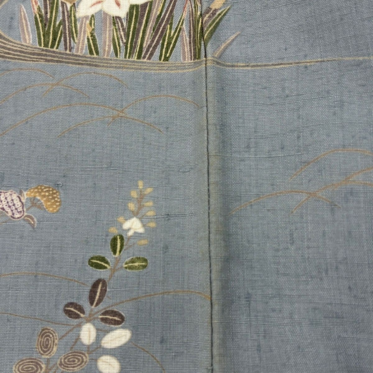 訪問着 身丈163cm 裄丈66.5cm M 袷 紬地 落款 家屋 草花 ぼかし 青灰色