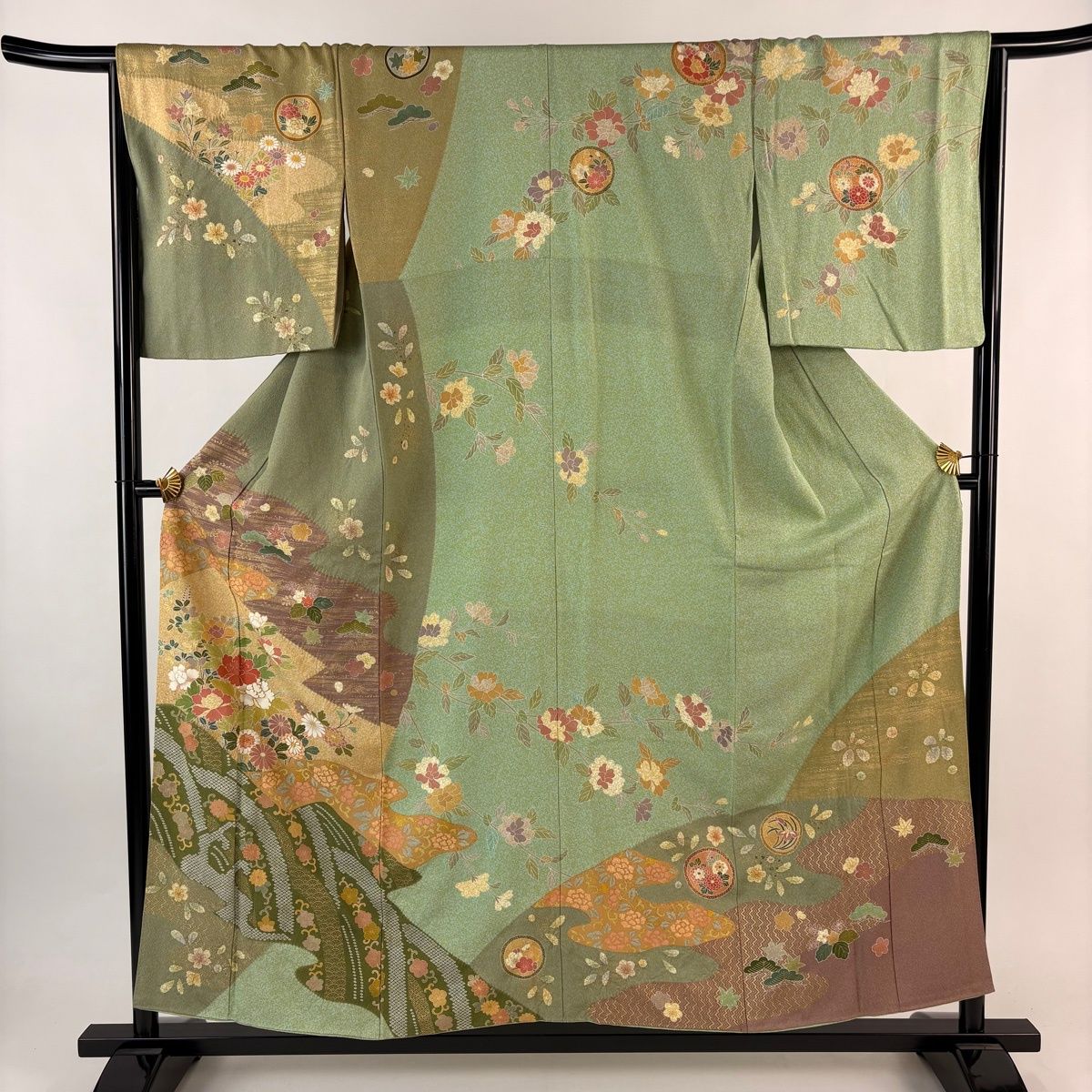 訪問着 身丈154cm 裄丈64.5cm M 袷 牡丹 菊 金糸 金彩 薄緑 正絹 名品