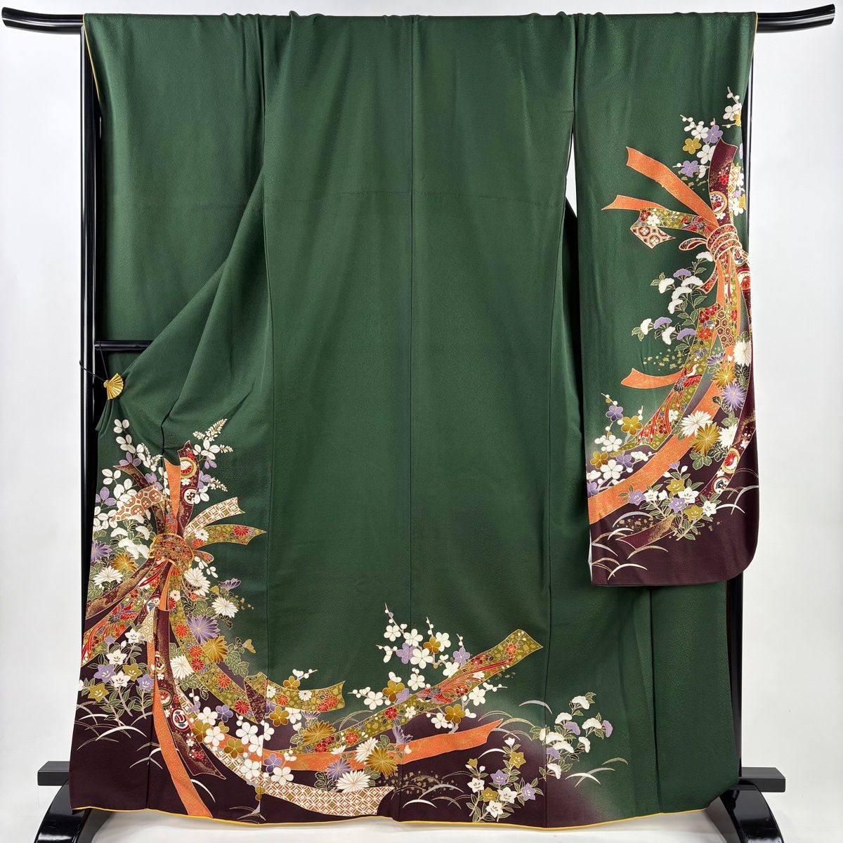 振袖 身丈166cm 裄丈69.5cm L 袷 束ね熨斗 秋草 金糸 金彩 深緑 正絹