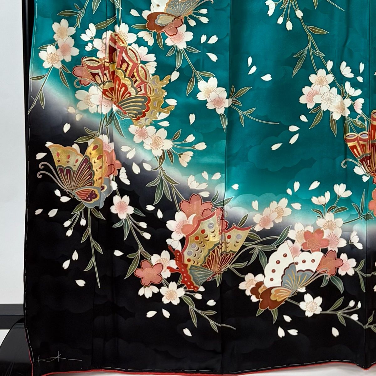 振袖 身丈168cm 裄丈69cm L 袷 桜 蝶 金糸 金彩 青緑 正絹 秀品 