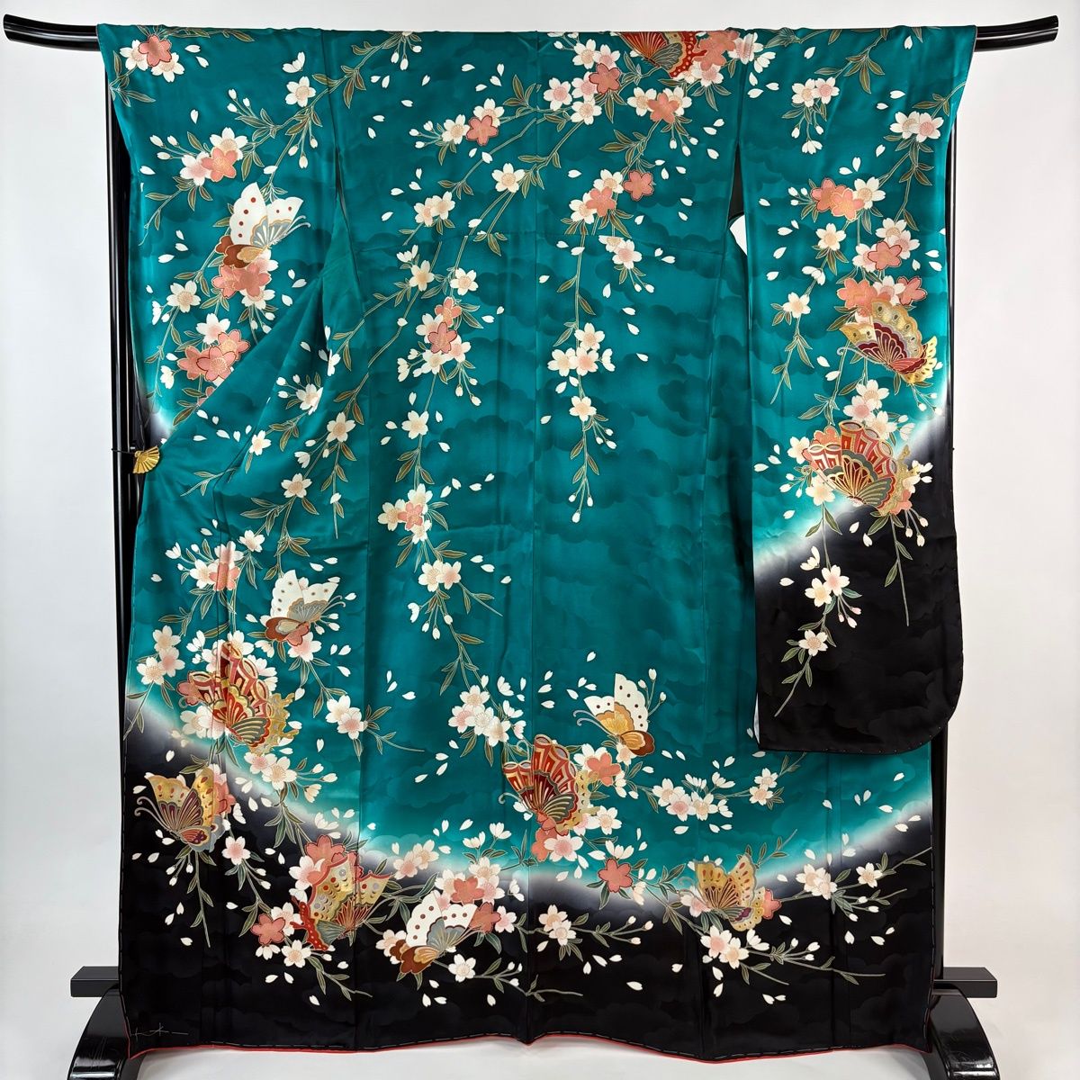 振袖 身丈168cm 裄丈69cm L 袷 桜 蝶 金糸 金彩 青緑 正絹 秀品 【中古