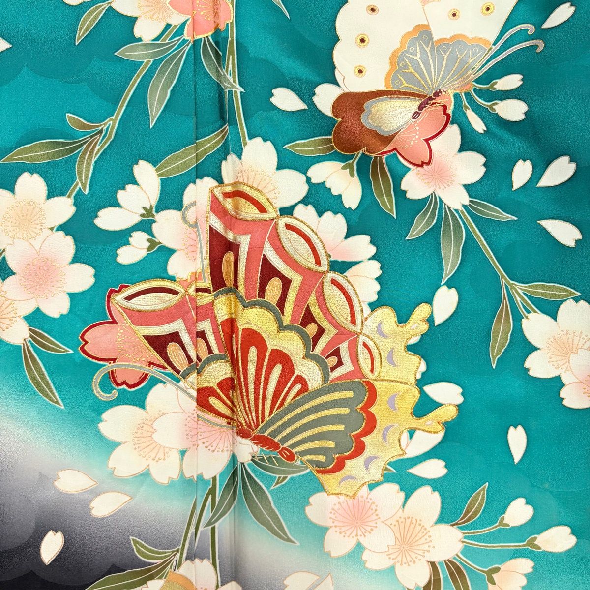 振袖 身丈168cm 裄丈69cm L 袷 桜 蝶 金糸 金彩 青緑 正絹 秀品 【中古