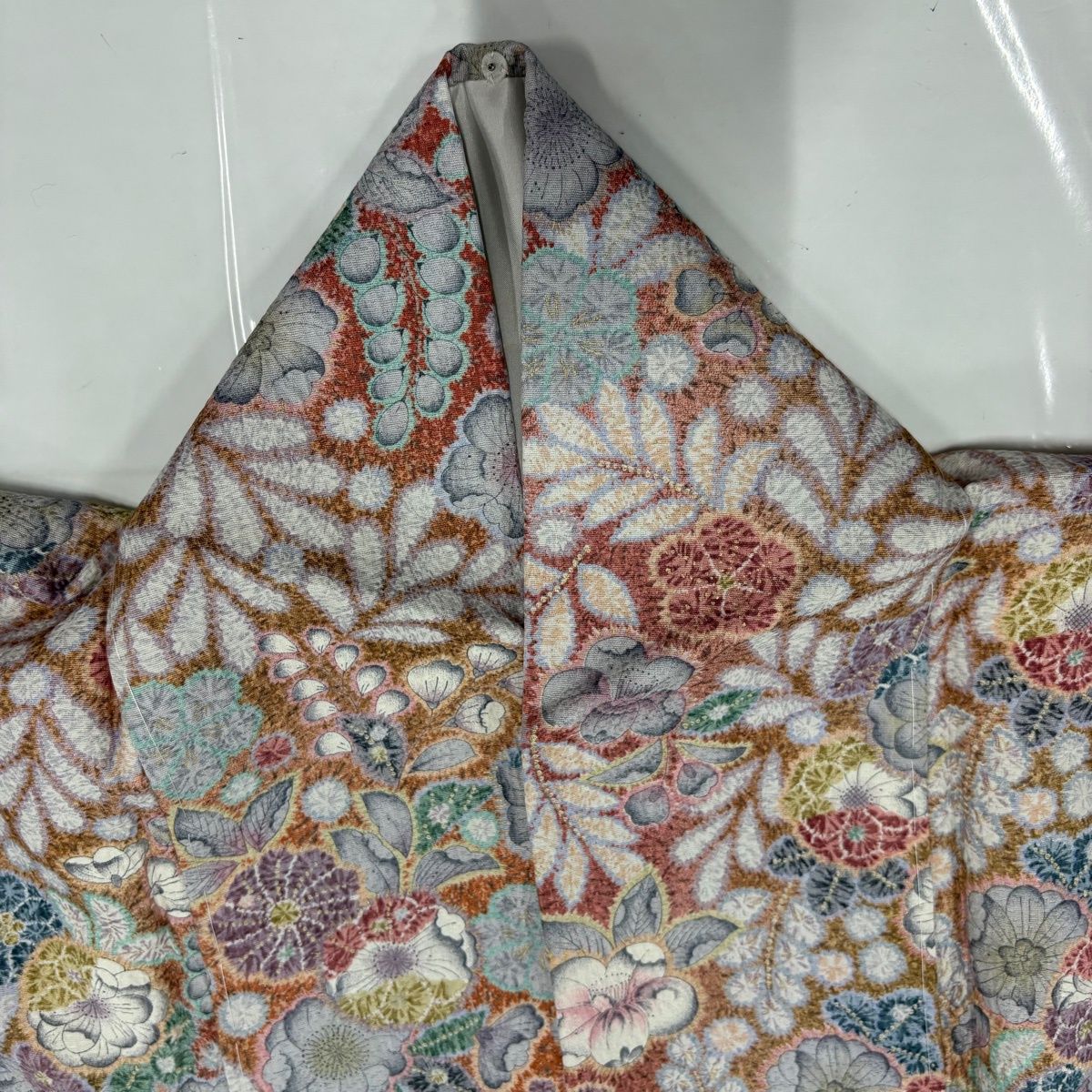 美品】 小紋 身丈165.5cm 裄丈67cm M 袷 辻が花柄 ぼかし オレンジ