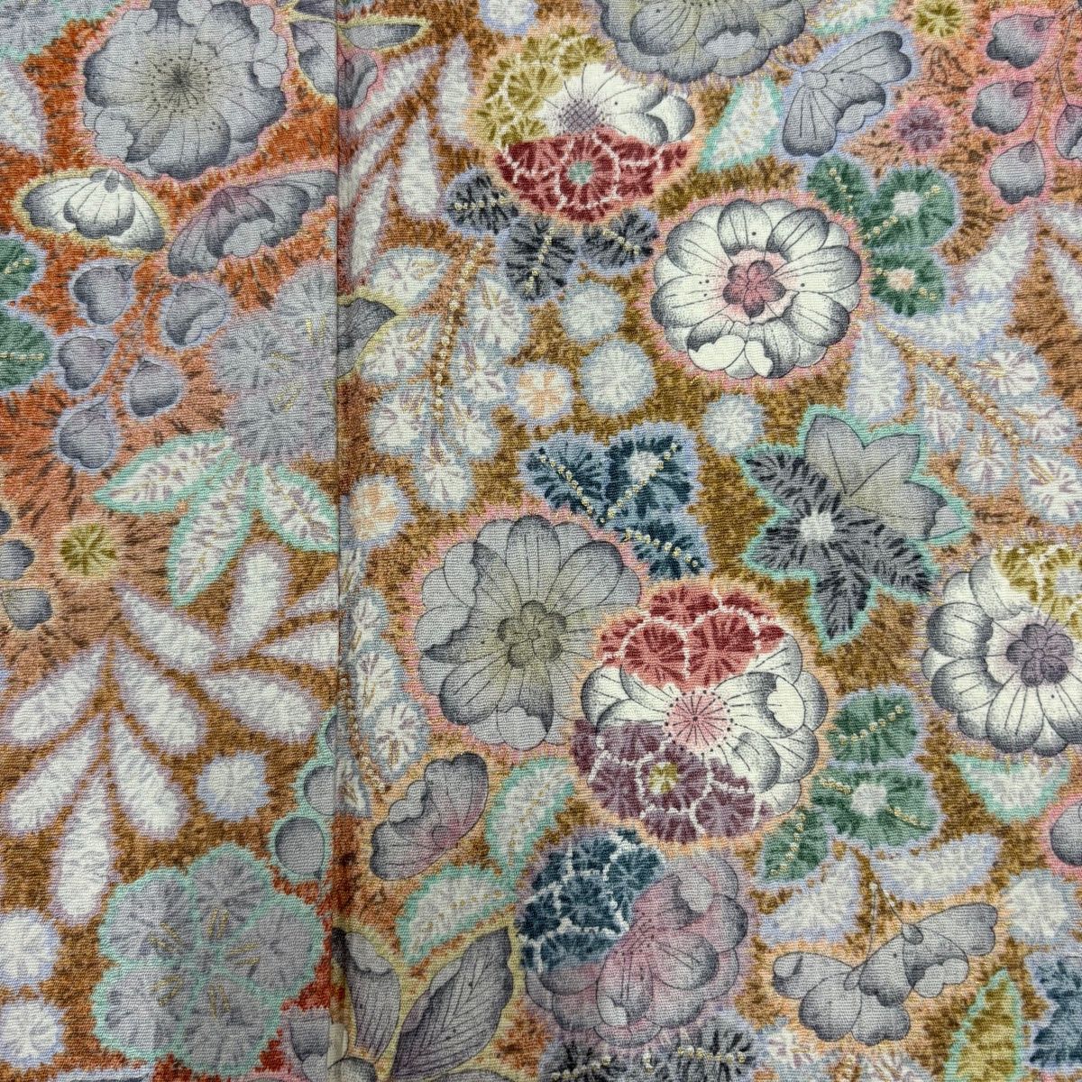 美品】 小紋 身丈165.5cm 裄丈67cm M 袷 辻が花柄 ぼかし オレンジ