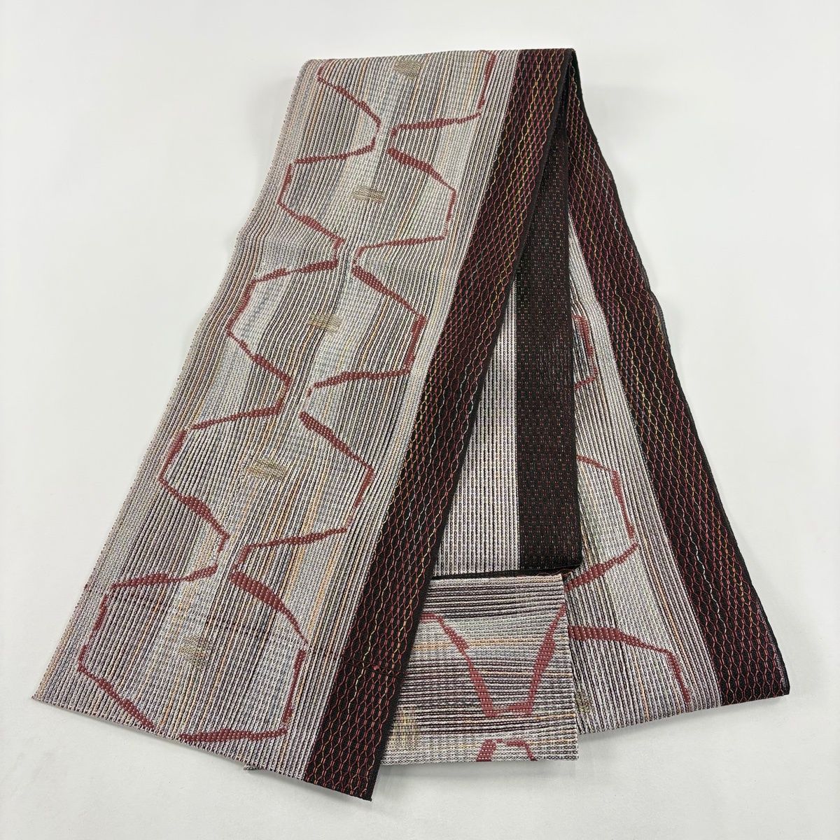 美品】 名古屋帯 優品 夏帯 八寸名古屋帯 松葉仕立て 幾何学 金糸 焦