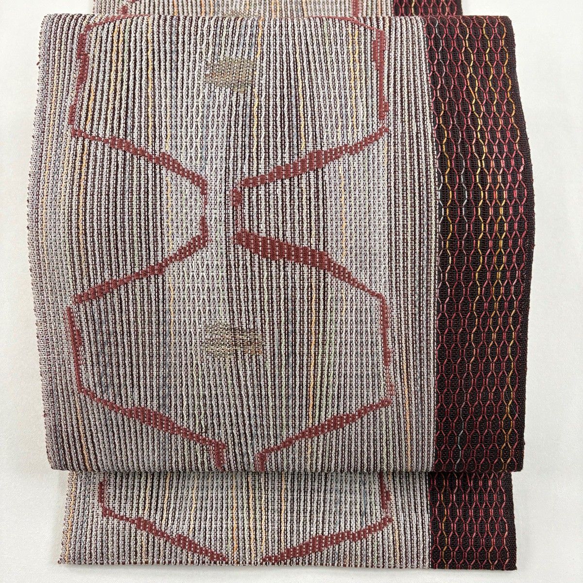 美品】 名古屋帯 優品 夏帯 八寸名古屋帯 松葉仕立て 幾何学 金糸 焦