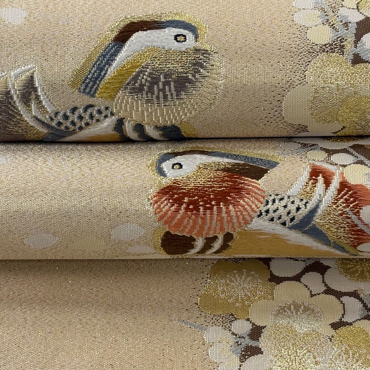 411my42◇羽田登喜男 鴛鴦 竹梅に鴛鴦 金銀通し お太鼓柄 袋帯◇美品 美品】 袋帯 逸品 羽田登喜男監修 落款 松竹梅鴛鴦文 箔 金糸 ベージュ