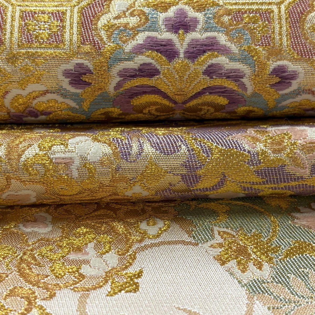 ZF-1141 袋帯 作家物 落款 刺繍 金箔 太鼓柄 正絹 逸品 美品】 袋帯 名品 じゅらく 落款 帝王紫 鳥丸文 雪輪 金糸 箔 金色