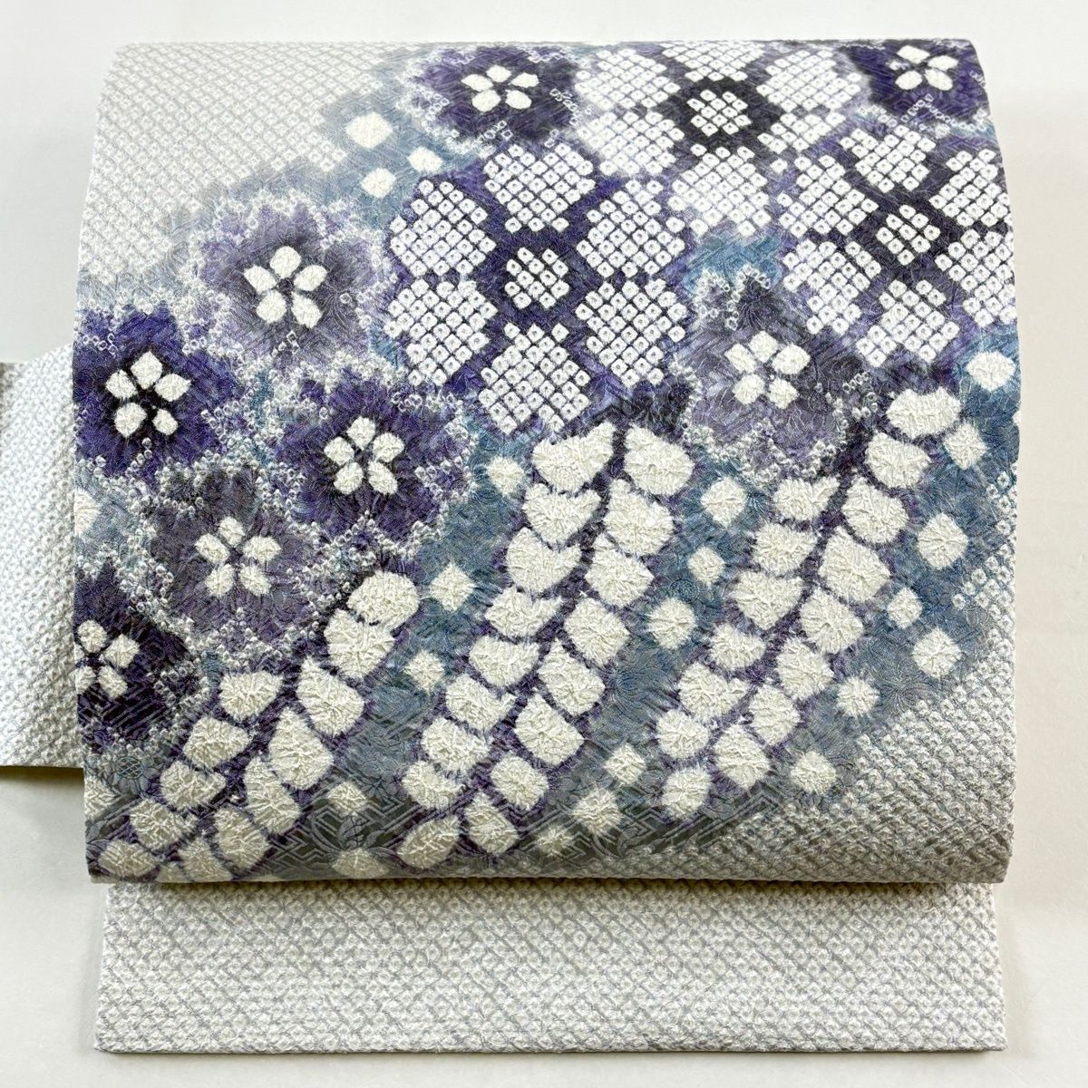 美品】 名古屋帯 逸品 桜 藤 総絞り 灰色 正絹 【中古】 ○【藤娘きぬ 