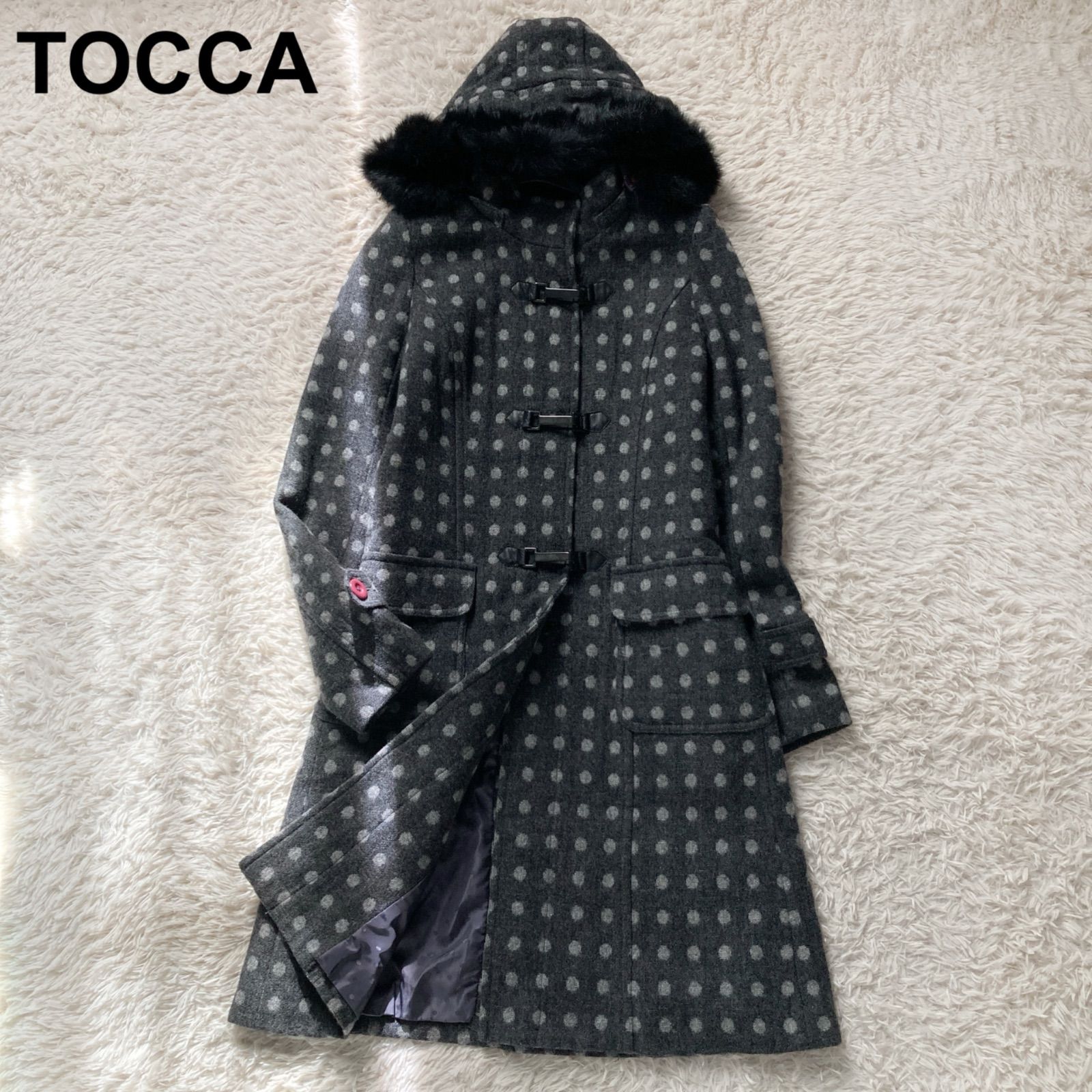 美品 TOCCA トッカ ウールロングコート ドット柄 フードファー付き 
