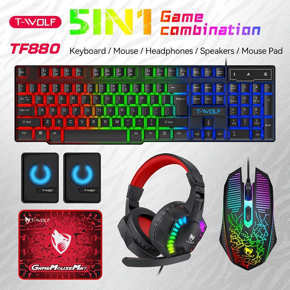 RGBゲーミング5点セット】キーボード マウス ヘッドセット スピーカー