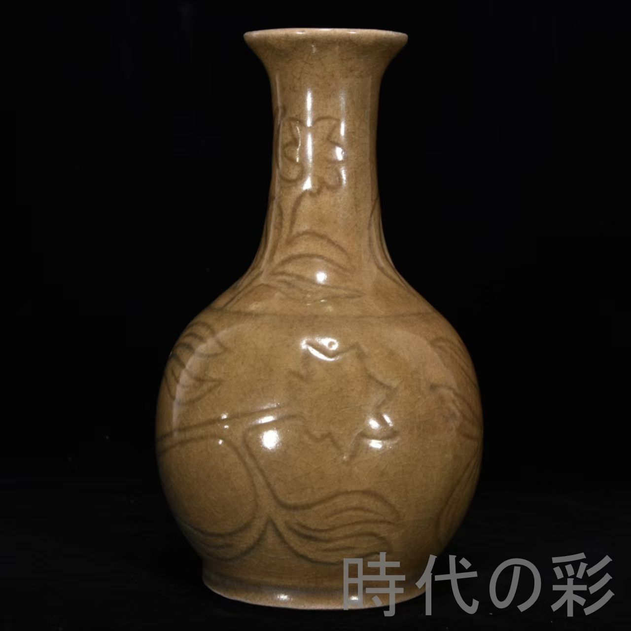 中国古美術【宋時代 汝窯 玉壺春瓶】花瓶 案頭 刻花卉紋 官窯 青磁 旧