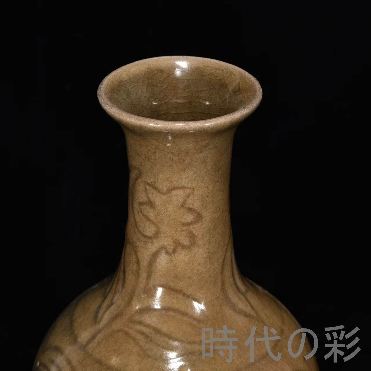 中国古美術【宋時代 汝窯 玉壺春瓶】花瓶 案頭 刻花卉紋 官窯 青磁 旧