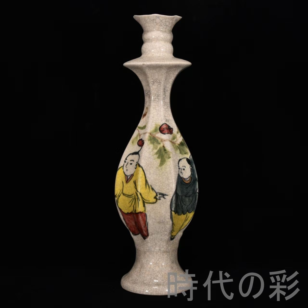 中国古美術 柴窯 花口瓶 花瓶 案頭 大周 彩絵 童子紋 旧蔵 古陶磁器 時代物 陶芸 文房置物 古賞物 骨董品 書道具 古玩