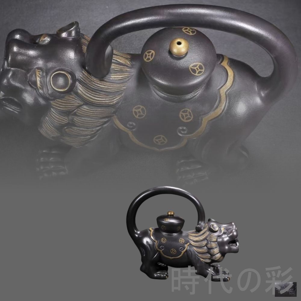 宜興紫砂 雄獅壺 陳鳴遠 底款 原鉱黒金剛 急須 紫砂壺 茶器 窯 朱泥 煎茶道具 時代物 唐物 在銘 古陶磁 中国古美術