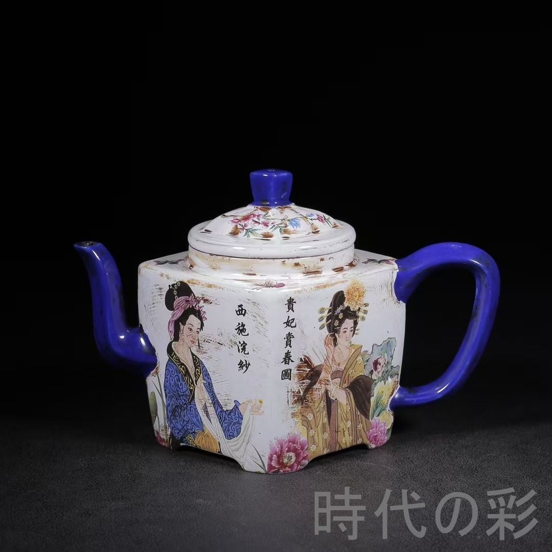 宜興紫砂 四大美女壺 金鼎商標 原鉱紅泥 中国工芸 急須 紫砂壺 茶器 窯 朱泥 煎茶道具 時代物 唐物 在銘 古陶磁 中国古美術