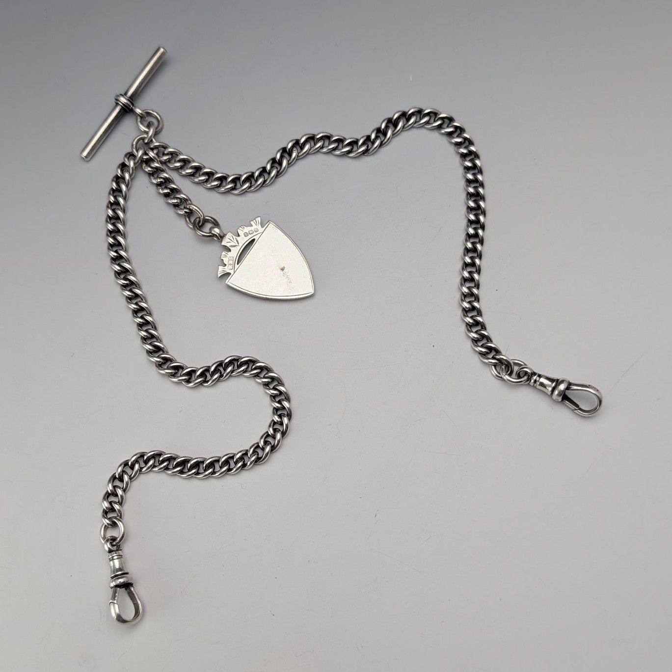 1921年★英国★アルバートチェーン/純銀製/アンティーク 英国アンティーク ダブルフォブ シェールド型 アルバートチェーン 純銀