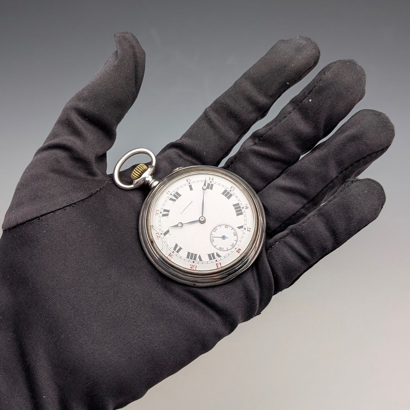1919年頃 アンティーク ロンジン 懐中​時計 純銀オープンフェース 動作