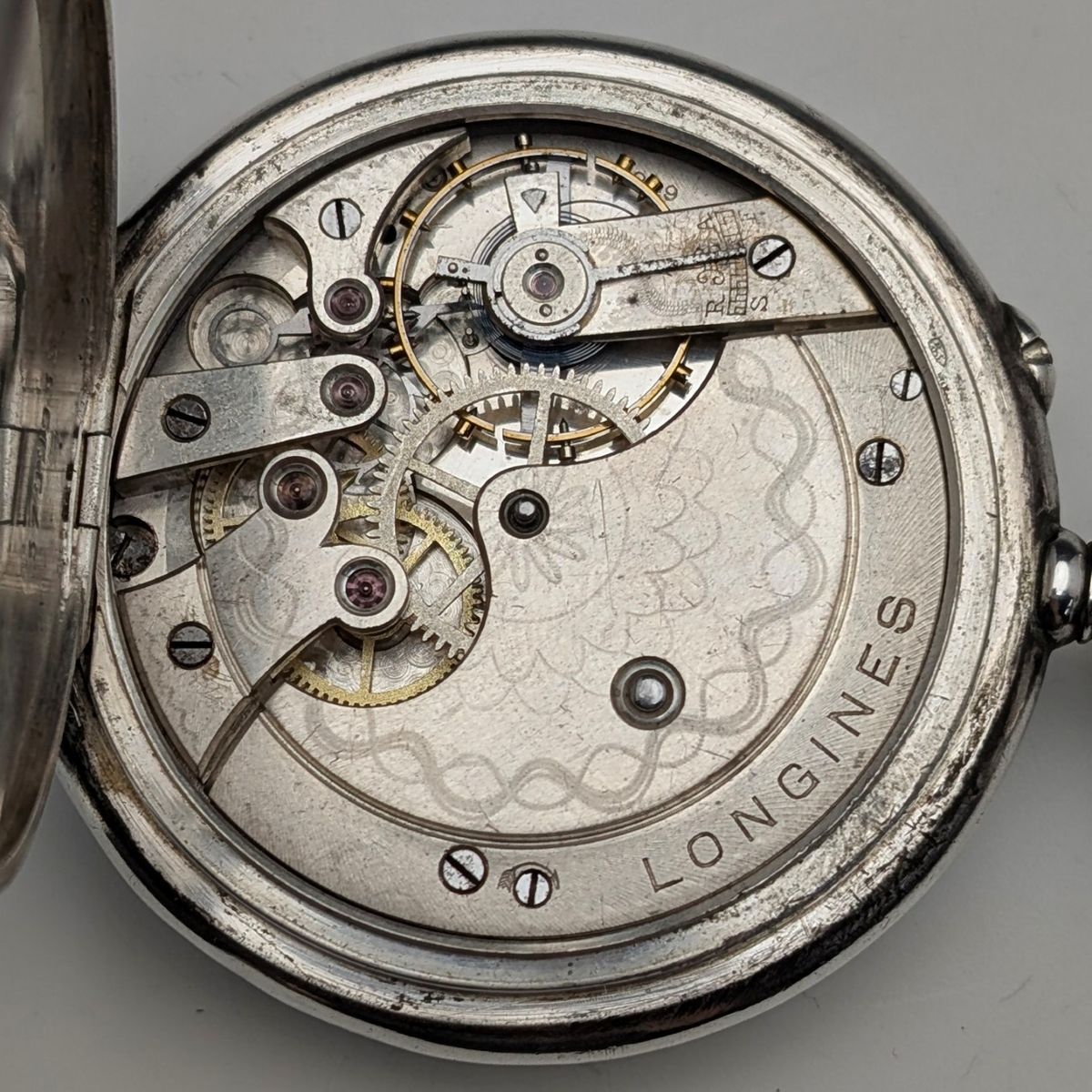 1919年頃 アンティーク ロンジン 懐中​時計 純銀オープンフェース 動作