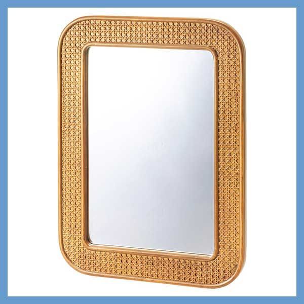 天然木（ミンディ）と天然ラタンフレームの壁掛けミラー（角型）「約