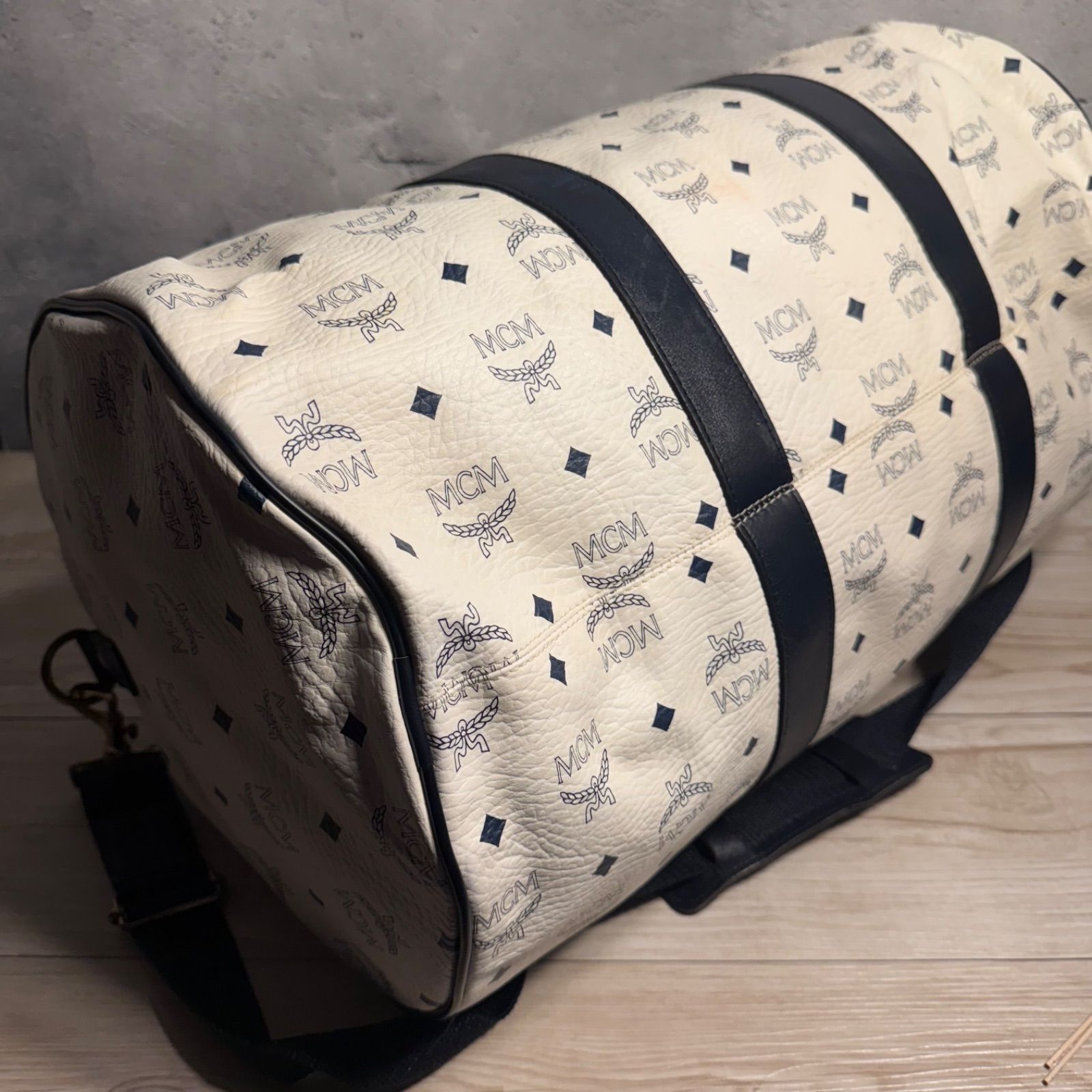 MCM モノグラム ボストンバッグ ドラムバッグ アイボリー×ネイビー 大