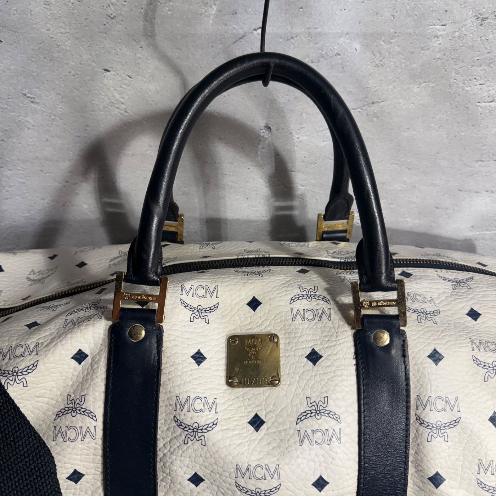 MCM モノグラム ボストンバッグ ドラムバッグ アイボリー×ネイビー 大