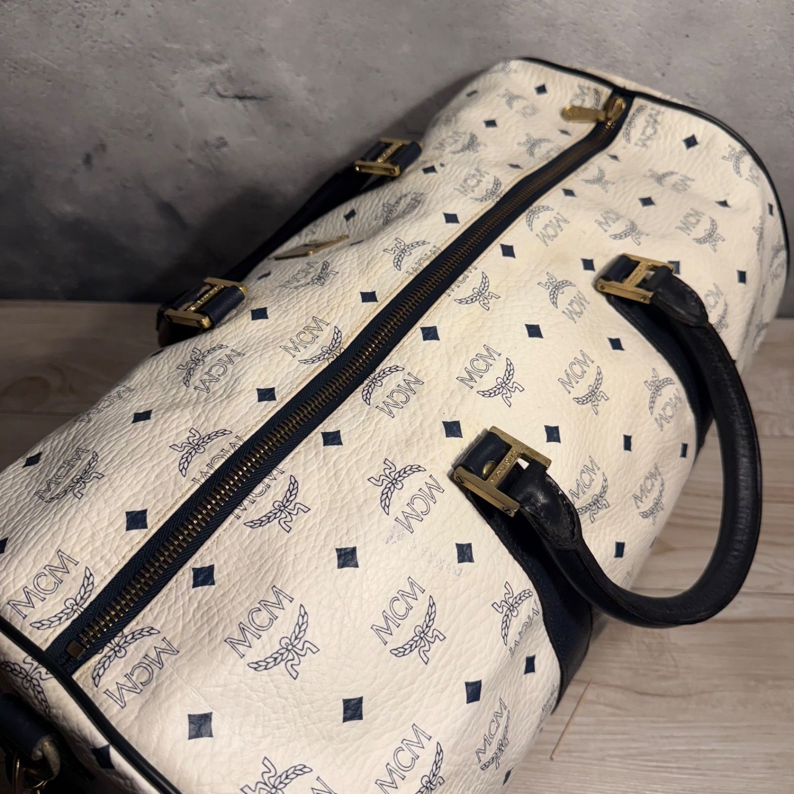 MCM モノグラム ボストンバッグ ドラムバッグ アイボリー×ネイビー 大