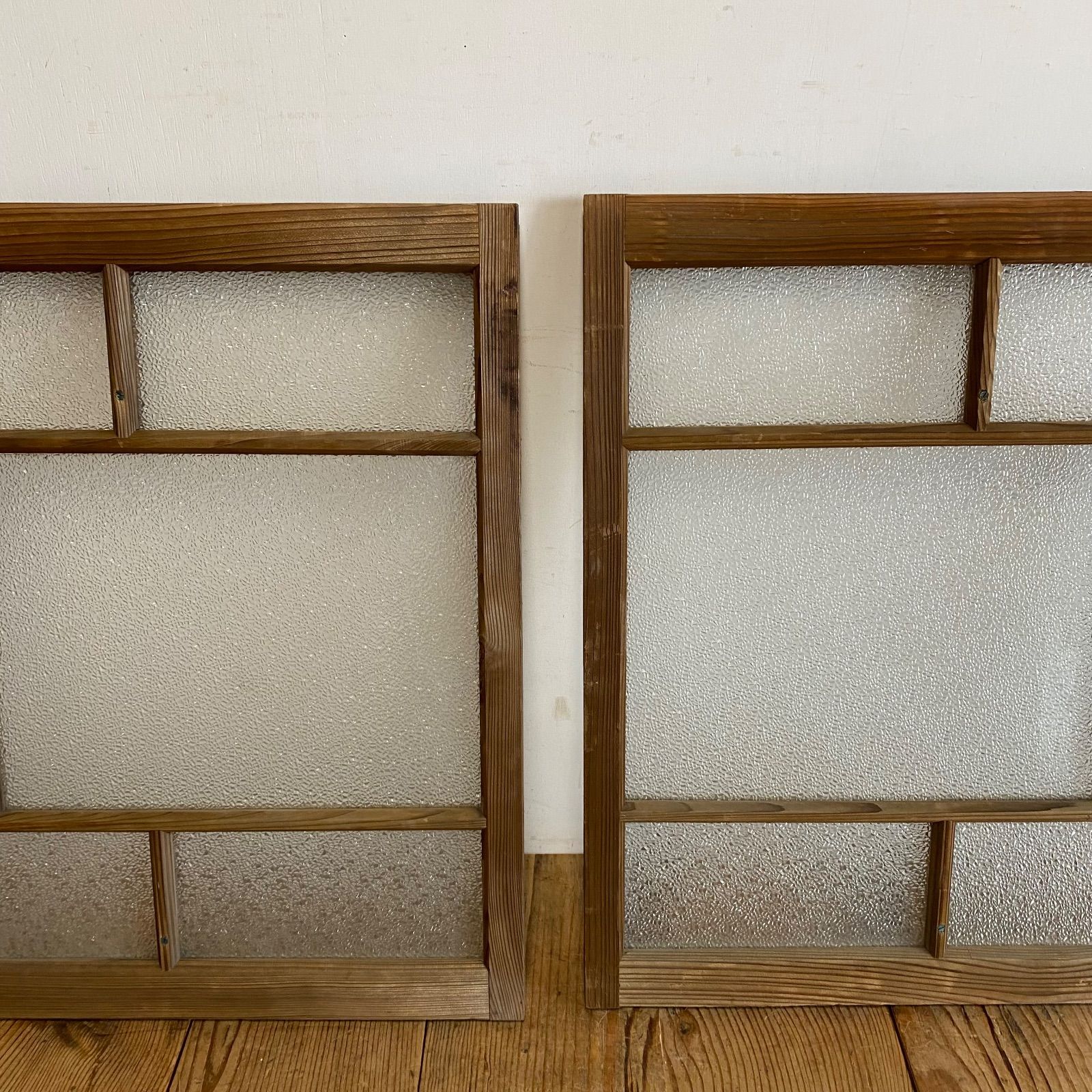 古い木枠ガラス窓 2枚セット すりガラス 建具 古民家 古家具