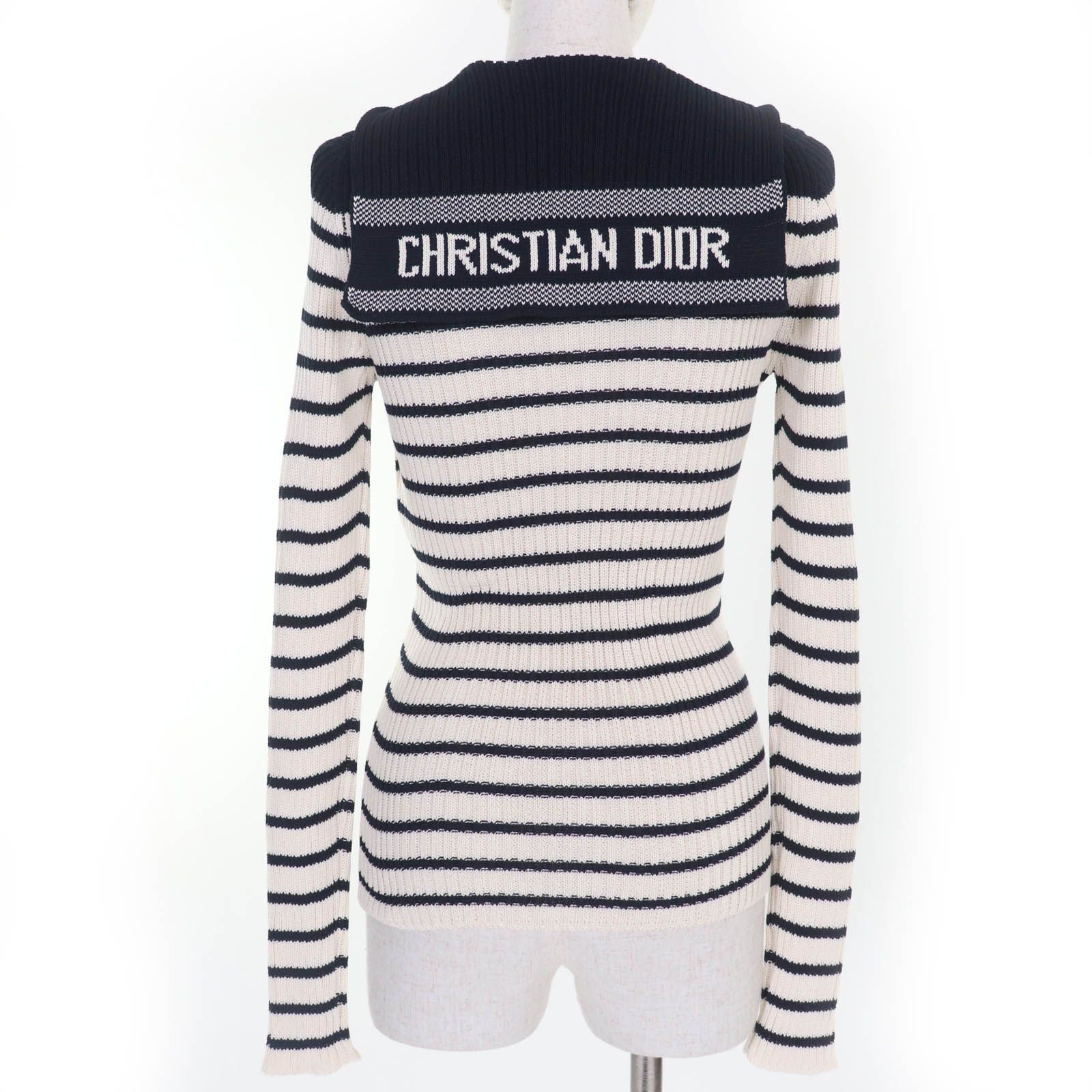 極美品☆Christian Dior クリスチャンディオール 214S27AM731 コットン100％ ボーダー セーラーカラー 長袖 ニット ダークネイビー アイボリー 42 イタリア製 正規品 レディース 極美品☆Christian Dior クリスチャンディオール 214S27AM731 コットン