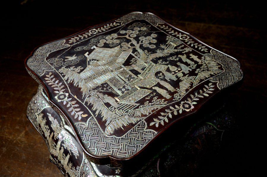 Yahoo!オークション 【流】中国美術 時代 青貝螺鈿細工平卓 箱付 DF844