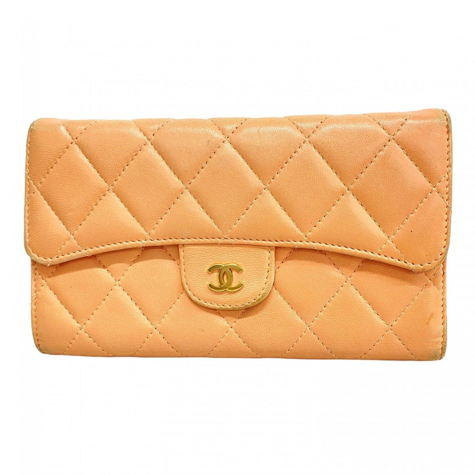 シャネル(Chanel) シャネル 長財布 マトラッセ ラムスキン サーモン
