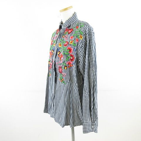 ザラウーマン ZARA WOMAN チェックシャツ 長袖 刺繍 紺 白 XS *A89