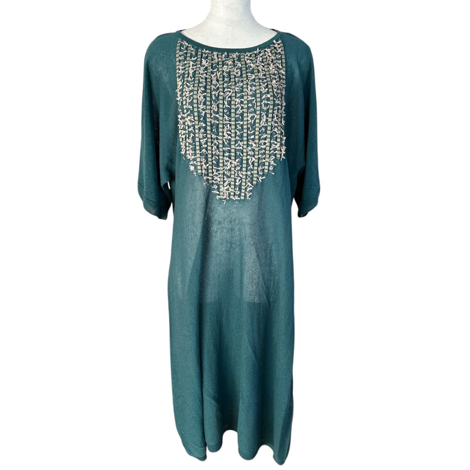 佐藤繊維 エムアンドキョウコ ロングワンピース グリーン 刺繍装飾