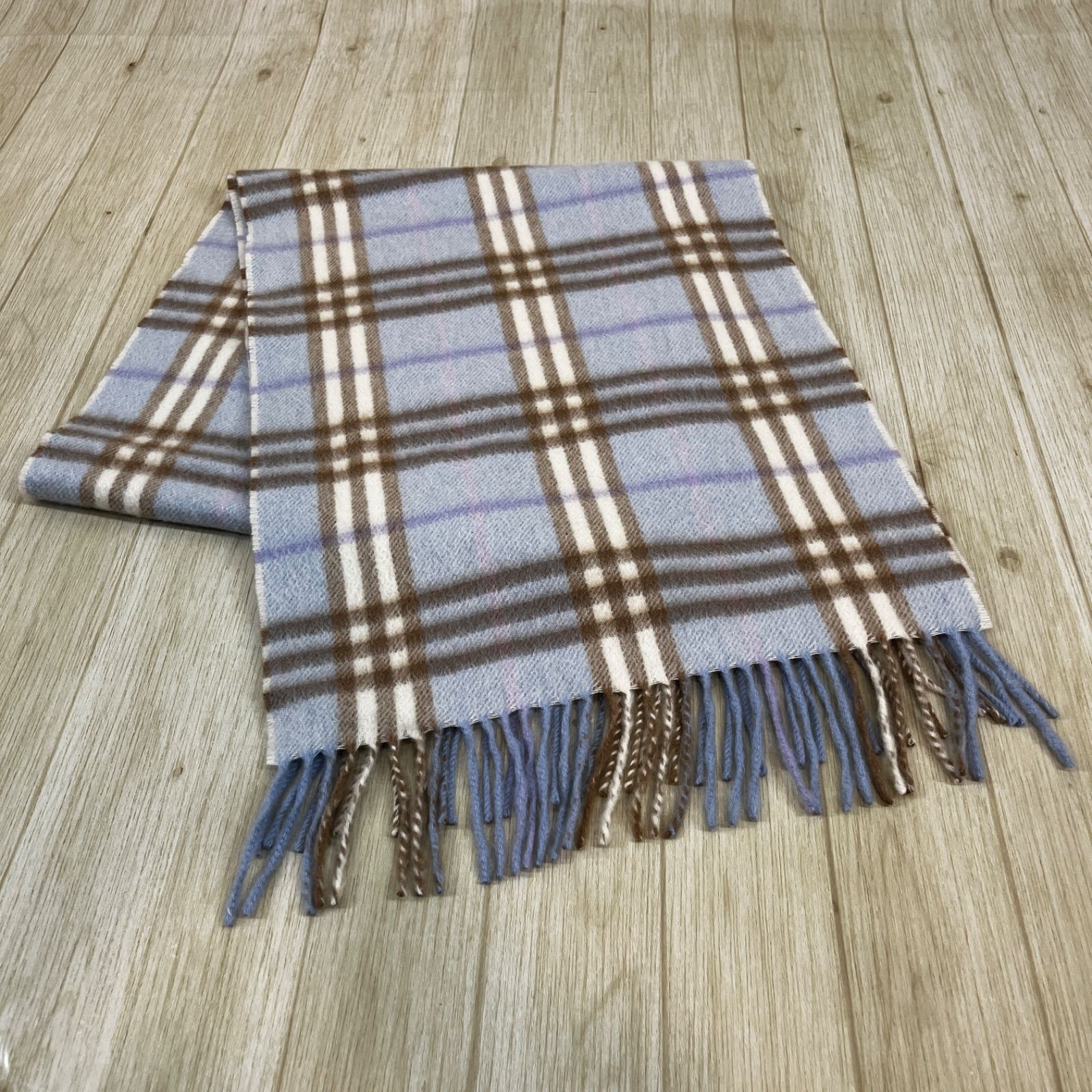 バーバリー カシミヤ100%ノバチェックマフラー(ブルー/141<!-利用不可