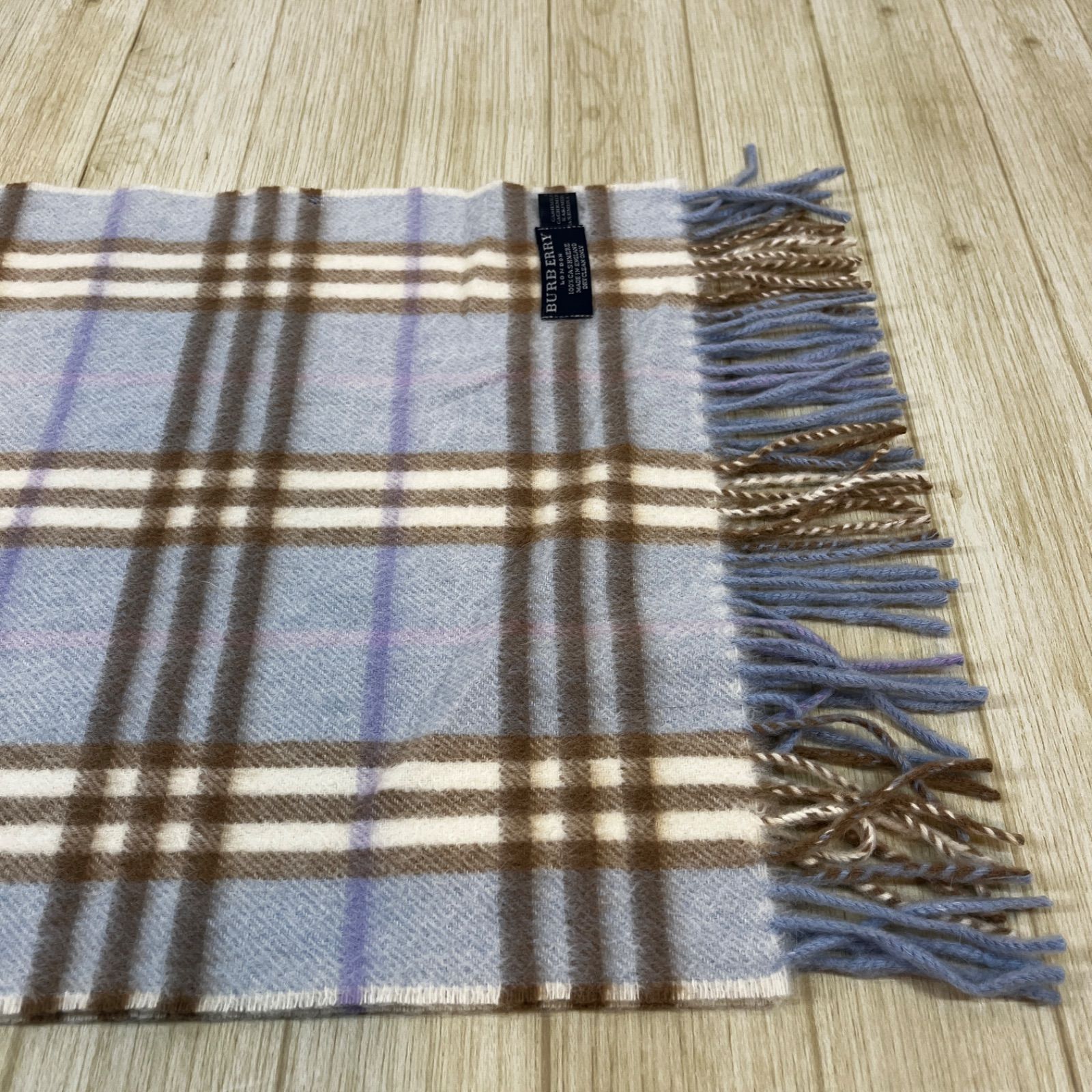 バーバリー カシミヤ100%ノバチェックマフラー(ブルー/141✕20.5