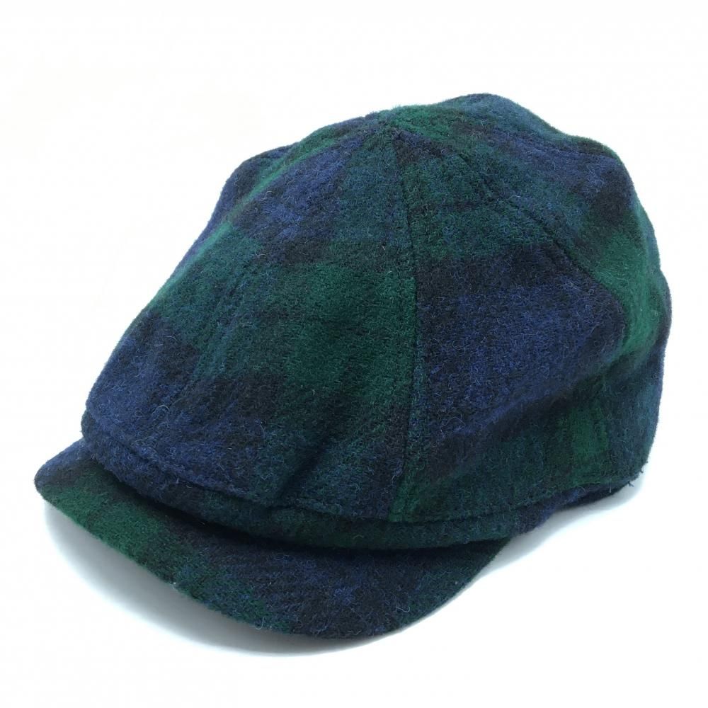  【美品】ビームスゴルフ ハンチング帽 ネイビー×グリーン チェック ウール100%  57cm-59cm   ゴルフウェア BEAMS GOLF ハンチング
