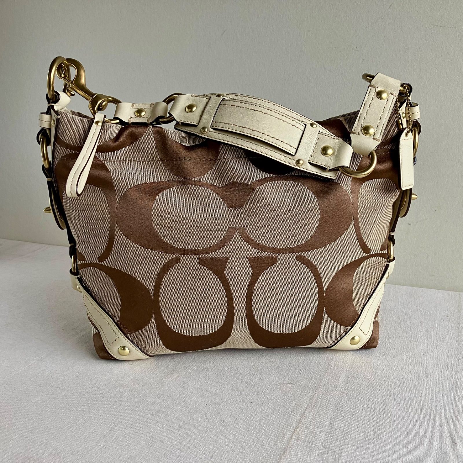 Coach Purse Tan Canvas Signature C White Leather Turnlock Carly 