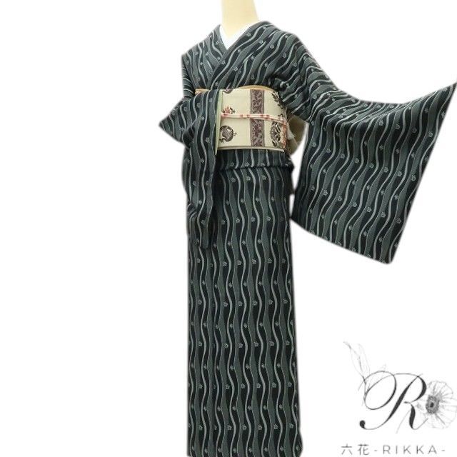 六花-RIKKA- 美品 正絹 トールサイズ❀波×桜と桔梗❀お召 着物 A4238